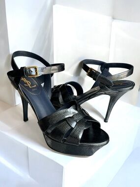 YSL Saint Laurent Tribute Patent Metallic Platform Sandals